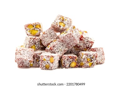 Double roasted turkish delight. Turkish delight with pistachio and coconut isolated on a white background. Traditional middle eastern cuisine delicacies. close up - Powered by Shutterstock