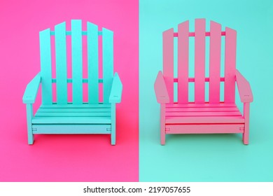 Double trouble opposites attract composition with vivid chair minimal colour contrast concept with two chairs in and on pink and blue background.  - Shutterstock ID 2197057655