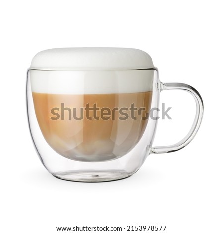 Double wall cup with cappuccino coffee and milk foam isolated on white background.