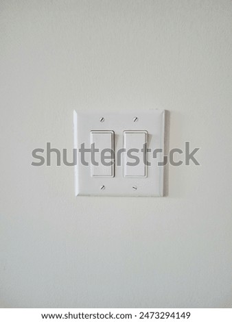Double white switch on white wall background. A white light switch against a white wall. Positions in off state. 