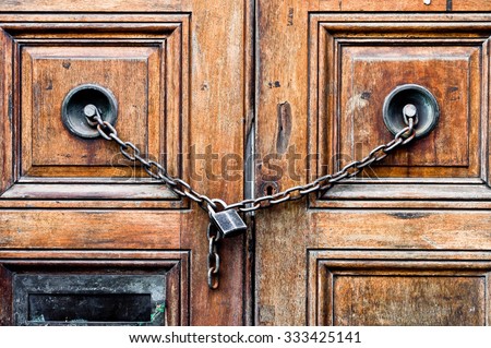 A double wooden door chained closed