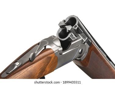 Double-barreled shotgun isolate on a white background. Smooth-bore weapons with vertical barrels. A sporting or hunting shotgun with a wooden stock.