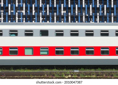 Double-decker Passenger Train Carriage Near The Train Station, Side View. Travel Concept