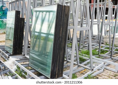 double  glazed windows at construction site  Double glazed glass window stacked  demolition an office building