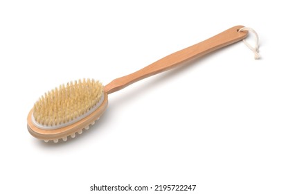 Double-sided Body Scrub Brush With Long Wooden Handle Isolated On White