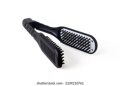 Double-sided Hair Straightener Brush Made Of Black Plastic, Insulated On A White Background