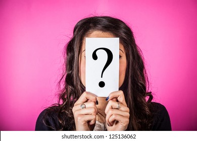 Doubtful Woman Holding Question Mark