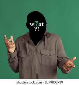 Doubts. Artwork. Conceptual portrait of faceless man with question word what instead face isolated on green background. Human psychology, anonymity, character traits, mental health concept. - Shutterstock ID 2079808939