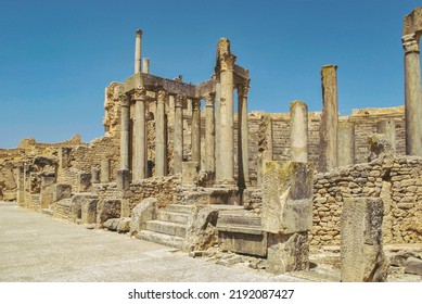 Dougga, Roman Ruins. UNESCO World Heritage Center in Tunisia. The archaeological site of Thugga or Dougga is located in the North-west region of Tunisia.