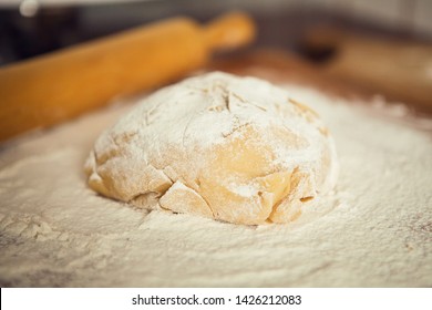 Dough With Farina On A Cutting Board