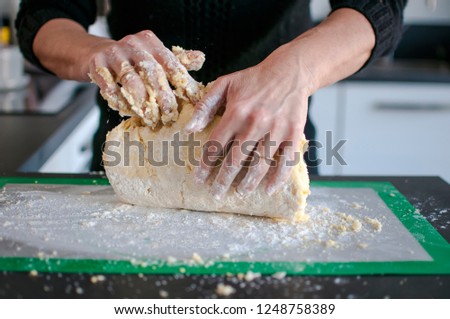 Similar – Foto Bild Frau beim Kneten von handwerklichem Brot auf Holztisch