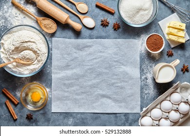 Dough preparation recipe homemade bread, pizza or pie ingridients, food flat lay on kitchen table background. Working with butter, milk, yeast, flour, eggs, sugar pastry or bakery cooking. Text space