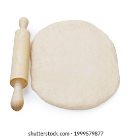 Dough And Rolling Pin Isolated On White Background, Top View.