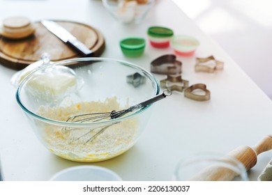 Dough Whisk And Bowl On Kitchen Counter