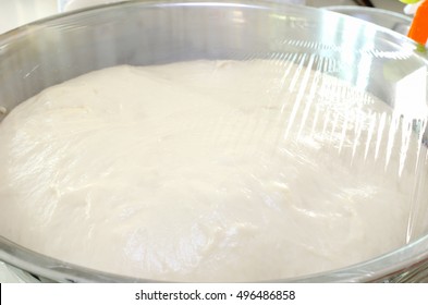 A dough wrapping with plastic in the bowl for making a bread - Powered by Shutterstock