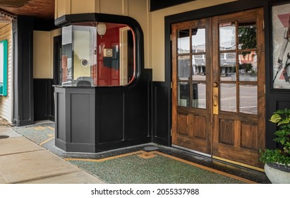 Douglas, Kansas United States - August 15 2021: The Ticket Booth And Entrance Of A Historic Theater