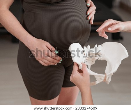 Doula explains the process of childbirth on a sample of the pelvis of a pregnant woman. 