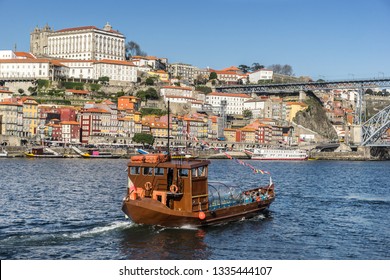 Douro River Cruise Boat Loking Towards Riberia In Porto