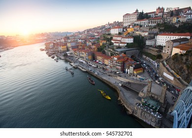 Douro river and Ribeira from Dom Luis I bridge, Porto, Portugal.