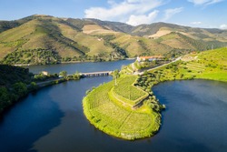 Douro Wine Valley Region Drone Aerial View Of S Shape Bend River In Quinta Do Tedo At Sunset, In Portugal