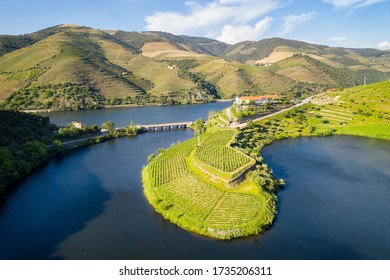 Douro Wine Valley Region Drone Aerial View Of S Shape Bend River In Quinta Do Tedo At Sunset, In Portugal