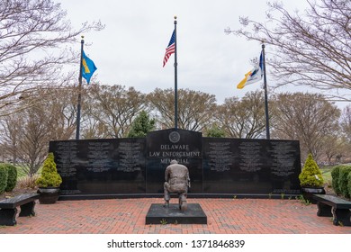 Dover, DE - April 5, 2019: Delaware Law Enforcement Memorial Is Dedicated To Fallen Officers And Includes A Bronze Figure By Roger Brodin.