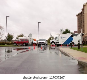 DOVER, DE - OCTOBER 27: FEMA Trucks And Satellite Equipment At A Hotel Ready For Action After Hurricane Sandy On Sunday, October 27, 2012 In Dover, DE.