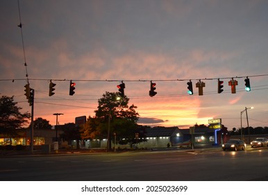 Dover, DE, USA - July 14, 2021: Route 13 Intersection At Sunset