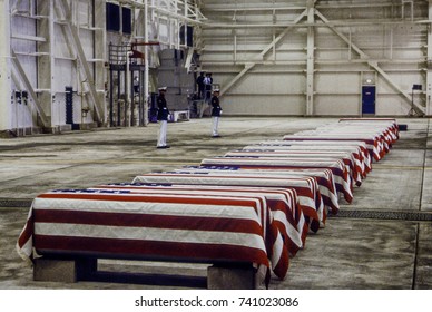 Dover, Delaware. USA, 29th October, 1983
Marine Honor Guard And A Color Guard March Into A Hangar At The Air Force Base Honoring Servicemen Killed In The Bombing In Beirut And The Invasion Of Grenada
