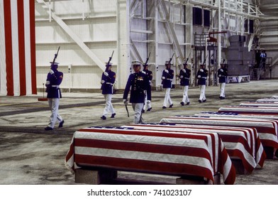 Dover, Delaware. USA, 29th October, 1983
Marine Honor Guard And A Color Guard March Into A Hangar At The Air Force Base Honoring Servicemen Killed In The Bombing In Beirut And The Invasion Of Grenada
