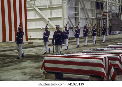 Dover, Delaware. USA, 29th October, 1983
Marine Honor Guard And A Color Guard March Into A Hangar At The Air Force Base Honoring Servicemen Killed In The Bombing In Beirut And The Invasion Of Grenada
