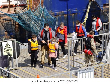 Dover, Kent, UK. 22nd September 2022. Dover Docks Migrants, Asylum Seekers Brought Ashore After Being Rescued At Sea By Border Force, Families, Children And Babies Reach The UK.

