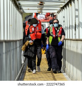 Dover, Kent, UK 5th September 2022, Port Of Dover. Border Force And Police Escort Migrants Ashore After Being Rescued At Sea.



