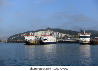 Dover, Kent, UK - January 2018: Vehicle and passenger ferries docked at Dover on the British coast of the English Channel. Post Brexit travel editorial concept