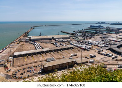 DOVER, KENT, UK - MAY 2020: The Port Of Dover With Several Ferries And Lorries In Sight On May 2020 In Dover, UK