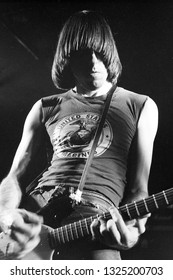 Dover, NJ, USA - January 9, 1978: Guitarist Johnny Ramone Of Legendary Punk Rock Group The Ramones Performs At A Small Venue In Dover, NJ