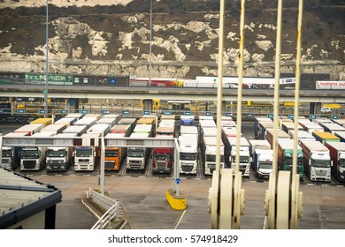 DOVER, UK; 05 February 2017: Lorry Trucks Waiting In The Queue To Board Ferry At The Port.