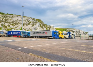 DOVER, UK -- 8 AUGUST,2016: Lorry Trucks Waiting In The Queue To Board Ferry At The Port 