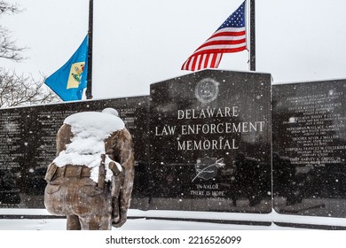 DOVER, UNITED STATES - May 31, 2021: A Closeup Of The Delaware Law Enforcement Memorial In Snow