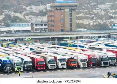 DOVER,UK-8.08,2017:Lorry Trucks Waiting In The Queue To Board Ferry At The Port 