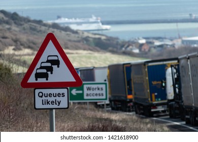 Dover/United Kingdom - 03.13.2019: Trucks Queuing Because Of The Problems With Brexit