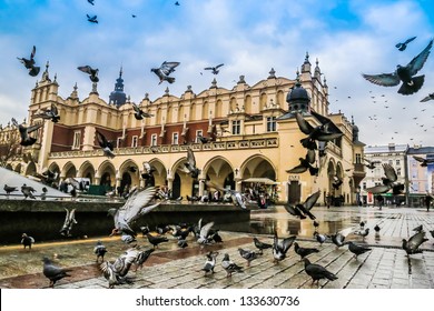 A Lot Of Doves In Krakow Old City. Market Square. Poland
