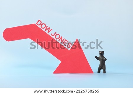 Dow Jones Industrial Average or DJIA index in red downward arrow with decreasing stack of coins. Bearish run in United States US stock market.	