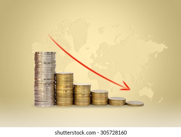 down golden chart from coins with gold world background  - Shutterstock ID 305728160