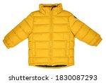Down jacket for children. Stylish, yellow, warm winter jacket for children with removable hood, isolated on a white background. Winter fashion.
