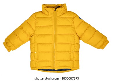 Down jacket for children. Stylish, yellow, warm winter jacket for children with removable hood, isolated on a white background. Winter fashion. - Powered by Shutterstock