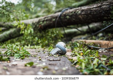 Down Power Lines And Electric Equipment In Residential Neighborhood