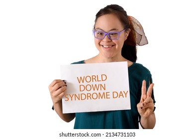 Down syndrome, artistic development, adult woman holds a banner celebrating World Down Syndrome Day. Victory fingers, trisomy 21, peace and love. Inclusion and opportunity.