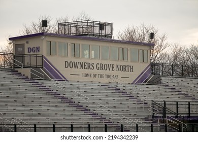 DOWNERS GROVE, UNITED STATES - Apr 27, 2022: Downers Grove North High School Stadium At Sunset   Press Box Of The High School Football Stadium, Located In Downers Grove, Illinois 