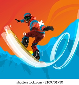 Downhill. Contemporary art collage. Creative artwork. Professional sportsman, snowboarder in sportswear snowboarding isolated bright background. Winter sports, speed, energy, extreme sport concept